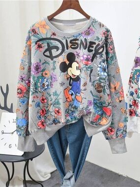 Disney Grey Floral Mickey Sweatshirt with Colorful Blooms